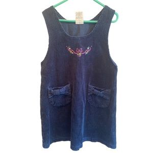 Girls Vintage Blue Corduroy Dress Jumper Heart And Floral Bow Pockets Size 6 90s